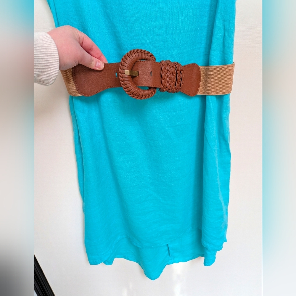 NEW Cynthia Rowley Blue 100% Linen Belted Sleeveless High Low Dress Size 14 - Picture 6 of 13
